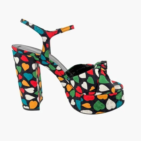 Saint Laurent Bianca Platform Sandals Size 38.5 US 8.5 Multicolor Heart Satin - Picture 10 of 14